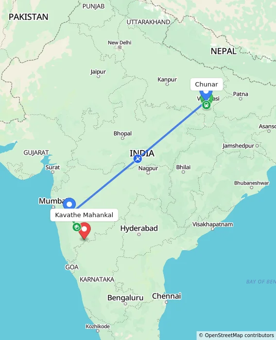 Route map showing distance and travel time from Chunar, India to Kavathe Mahankal, India