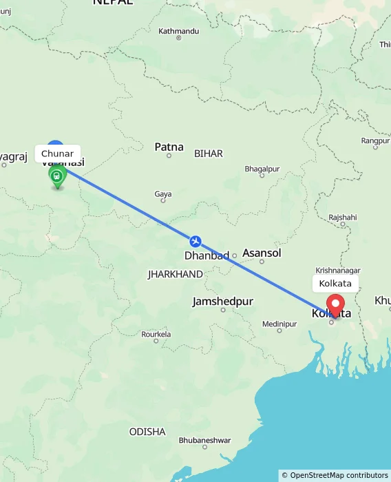 Route map showing distance and travel time from Chunar, India to Kolkata, India