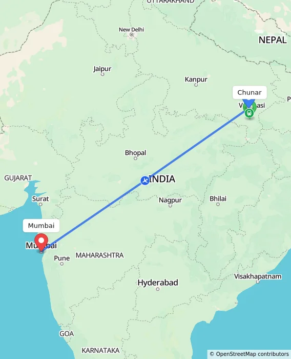 Route map showing distance and travel time from Chunar, India to Mumbai, India