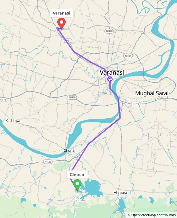 Route map showing distance and travel time from Chunar, India to Varanasi, India