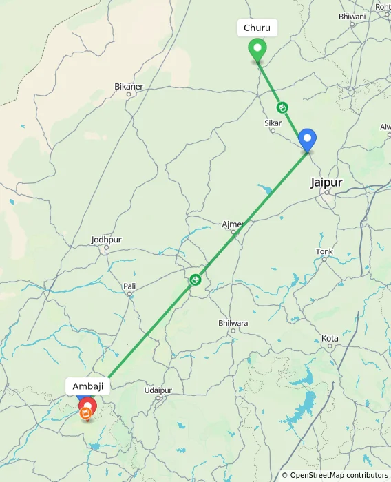 Route map showing distance and travel time from Churu, India to Ambaji, India