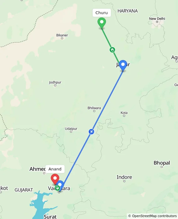 Route map showing distance and travel time from Churu, India to Anand, India