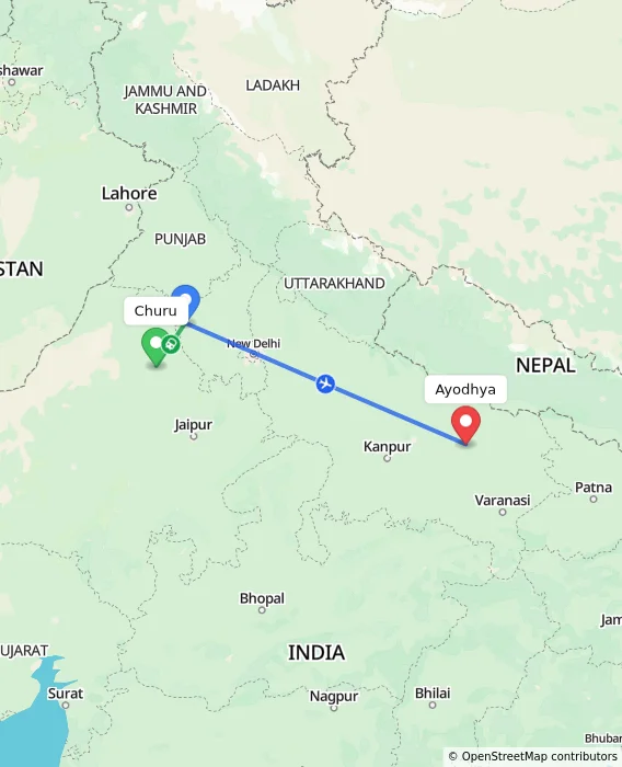 Route map showing distance and travel time from Churu, India to Ayodhya, India