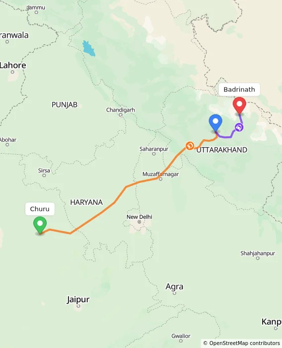 Route map showing distance and travel time from Churu, India to Badrinath, India