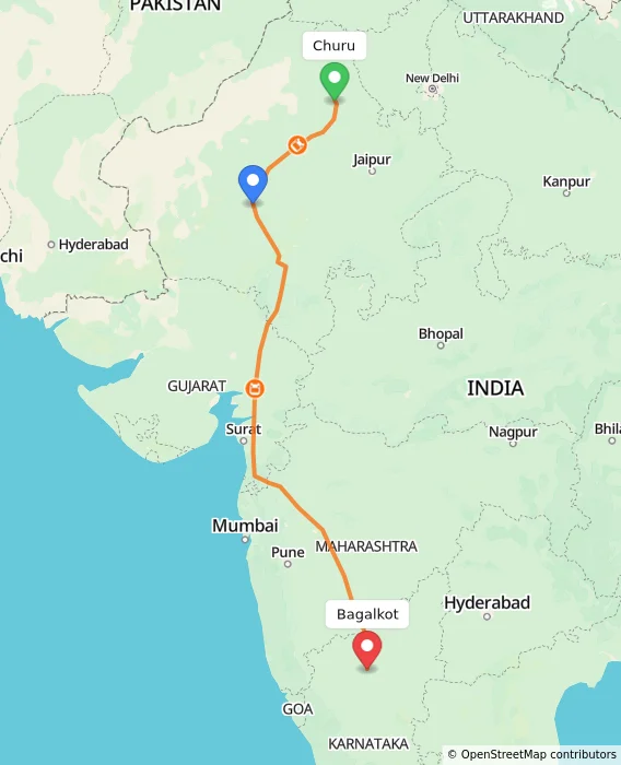 Route map showing distance and travel time from Churu, India to Bagalkot, India