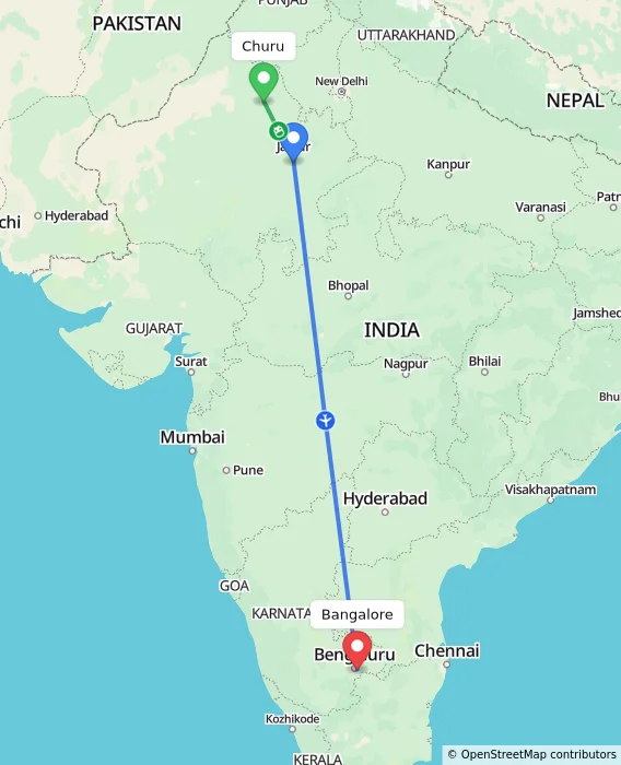 Route map showing distance and travel time from Churu, India to Bangalore, India