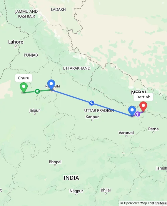 Route map showing distance and travel time from Churu, India to Bettiah, India