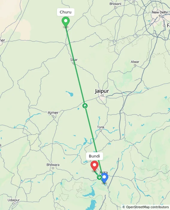 Route map showing distance and travel time from Churu, India to Bundi, India