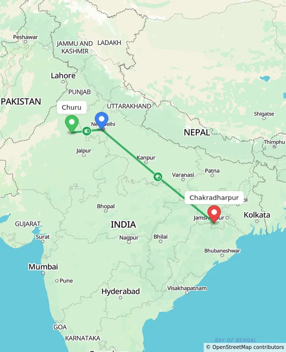 Route map showing distance and travel time from Churu, India to Chakradharpur, India