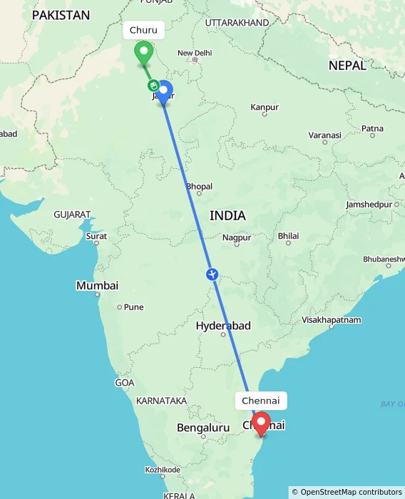 Route map showing distance and travel time from Churu, India to Chennai, India