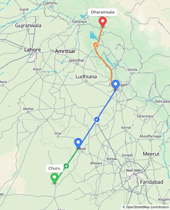 Route map showing distance and travel time from Churu, India to Dharamsala, India