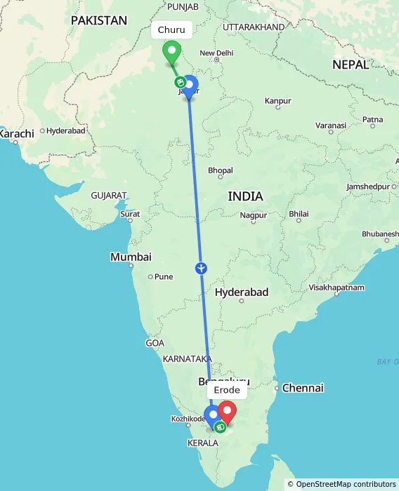 Route map showing distance and travel time from Churu, India to Erode, India
