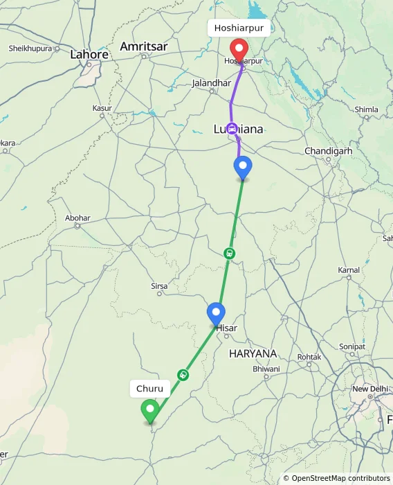 Route map showing distance and travel time from Churu, India to Hoshiarpur, India