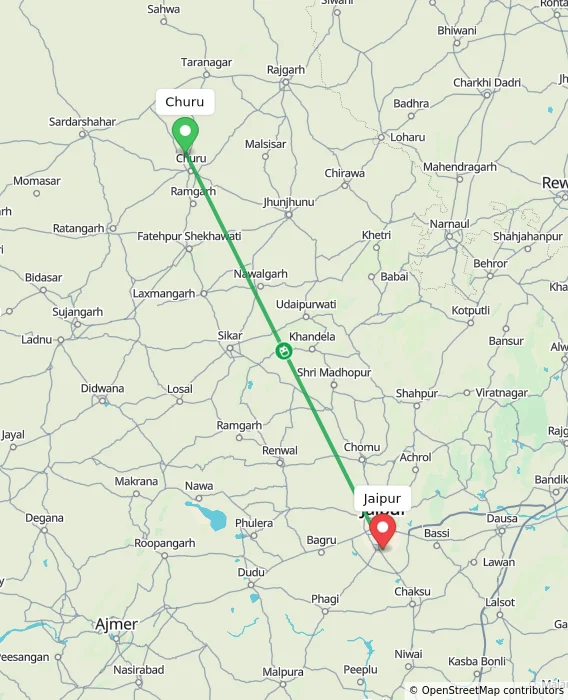 Route map showing distance and travel time from Churu, India to Jaipur, India