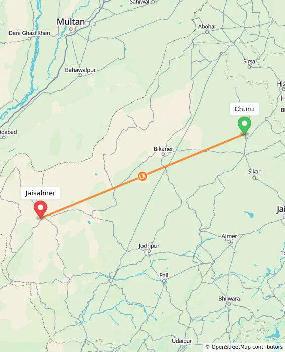 Route map showing distance and travel time from Churu, India to Jaisalmer, India