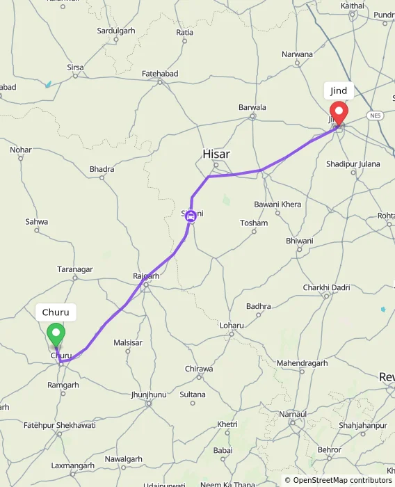Route map showing distance and travel time from Churu, India to Jind, India