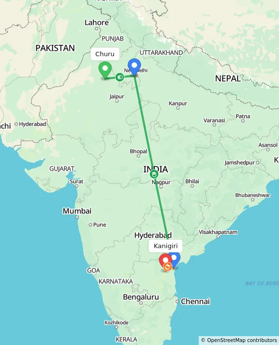 Route map showing distance and travel time from Churu, India to Kanigiri, India