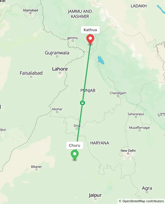 Route map showing distance and travel time from Churu, India to Kathua, India