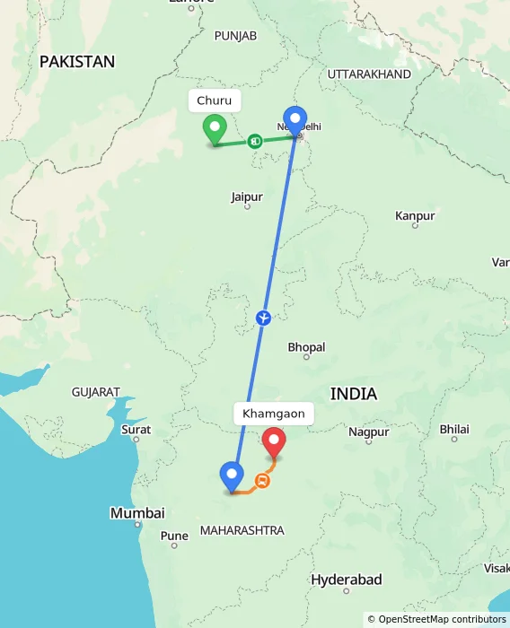 Route map showing distance and travel time from Churu, India to Khamgaon, India