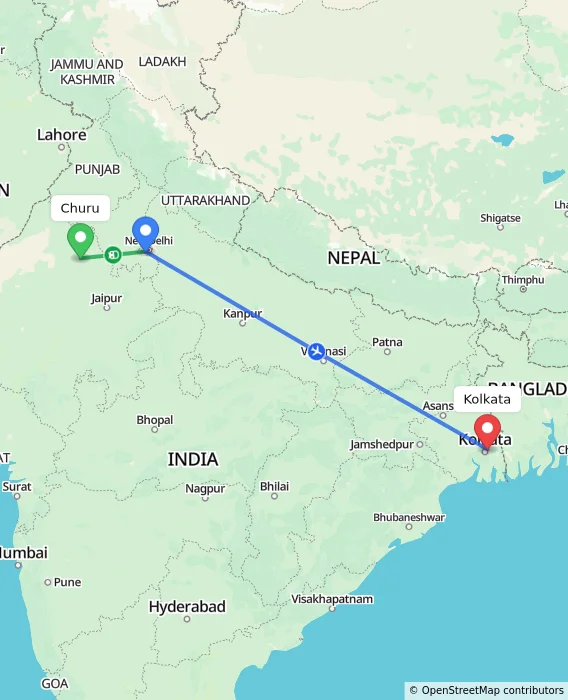 Route map showing distance and travel time from Churu, India to Kolkata, India