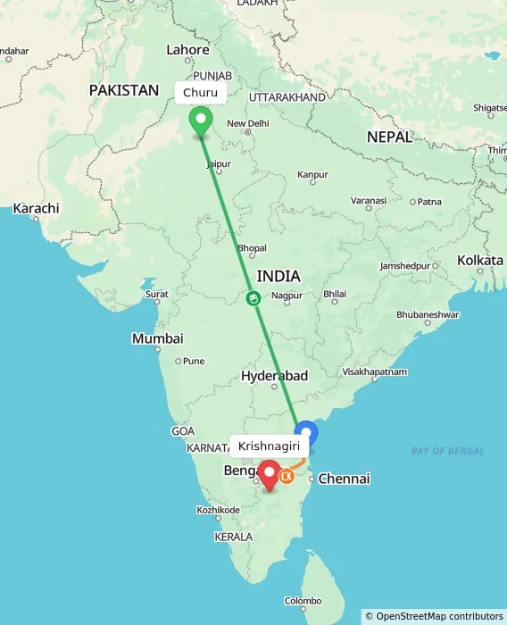 Route map showing distance and travel time from Churu, India to Krishnagiri, India