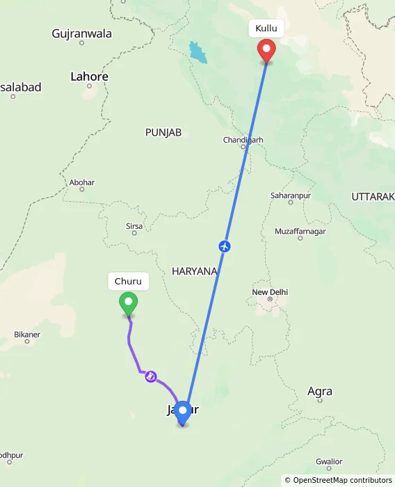 Route map showing distance and travel time from Churu, India to Kullu, India