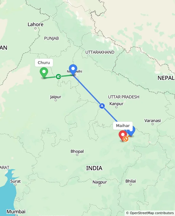 Route map showing distance and travel time from Churu, India to Maihar, India