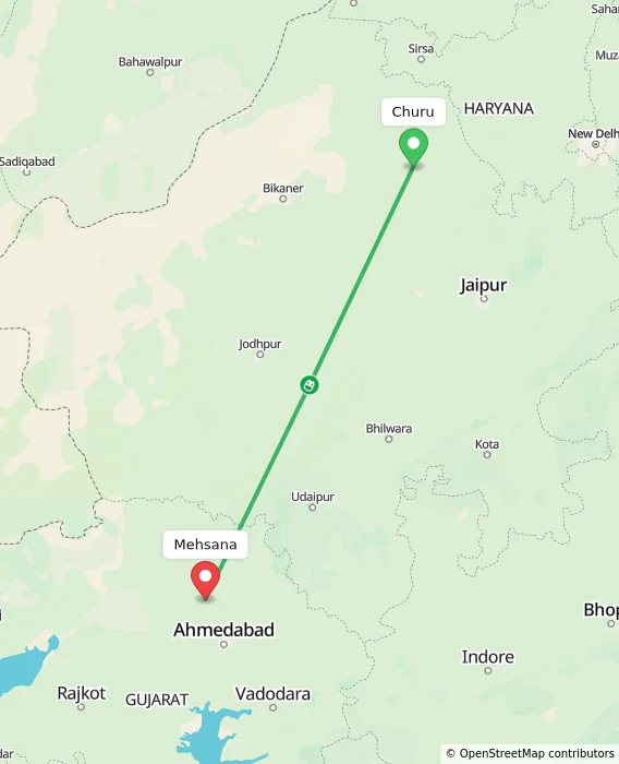 Route map showing distance and travel time from Churu, India to Mehsana, India