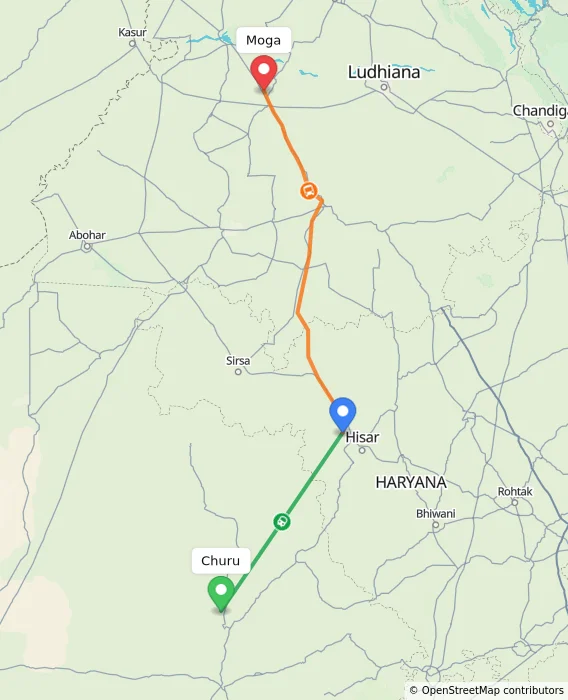 Route map showing distance and travel time from Churu, India to Moga, India