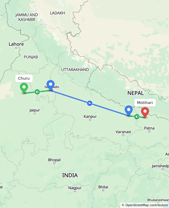 Route map showing distance and travel time from Churu, India to Motihari, India