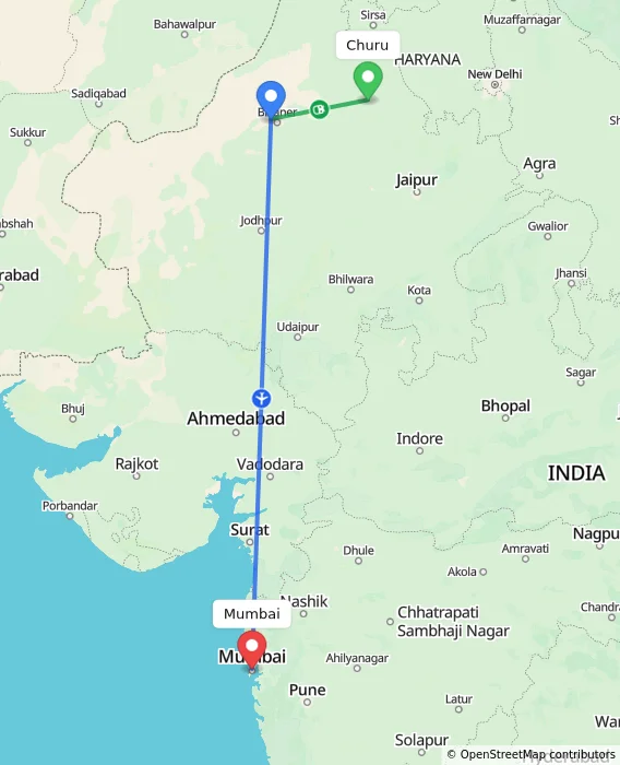 Route map showing distance and travel time from Churu, India to Mumbai, India