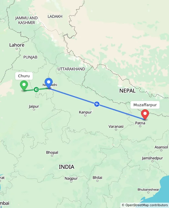 Route map showing distance and travel time from Churu, India to Muzaffarpur, India