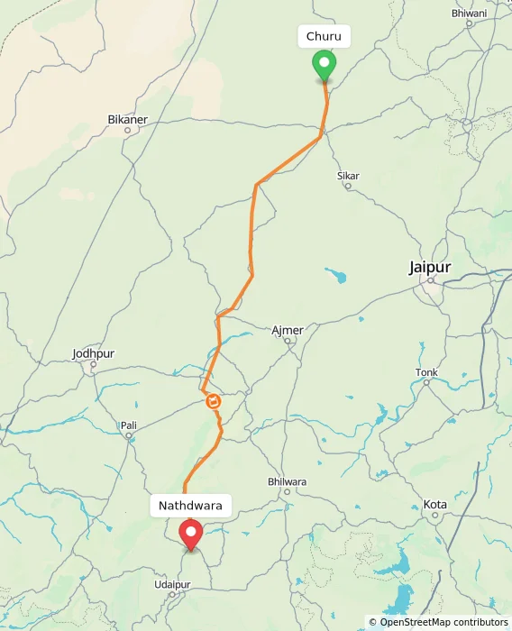 Route map showing distance and travel time from Churu, India to Nathdwara, India