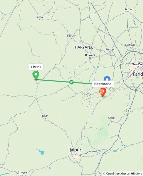 Route map showing distance and travel time from Churu, India to Neemrana, India