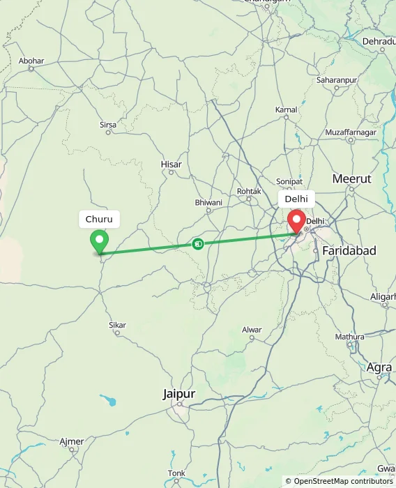 Route map showing distance and travel time from Churu, India to Delhi, India
