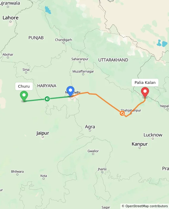 Route map showing distance and travel time from Churu, India to Palia Kalan, India