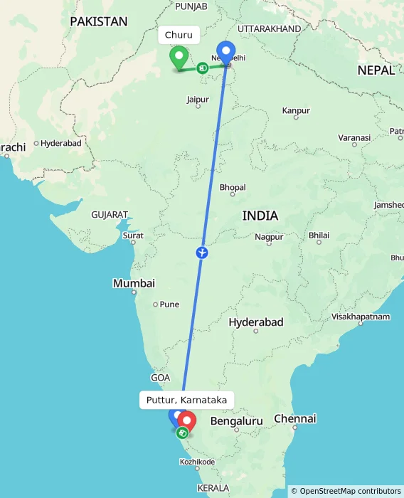 Route map showing distance and travel time from Churu, India to Puttur, Karnataka, India