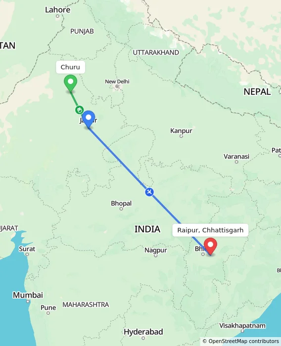 Route map showing distance and travel time from Churu, India to Raipur, Chhattisgarh, India