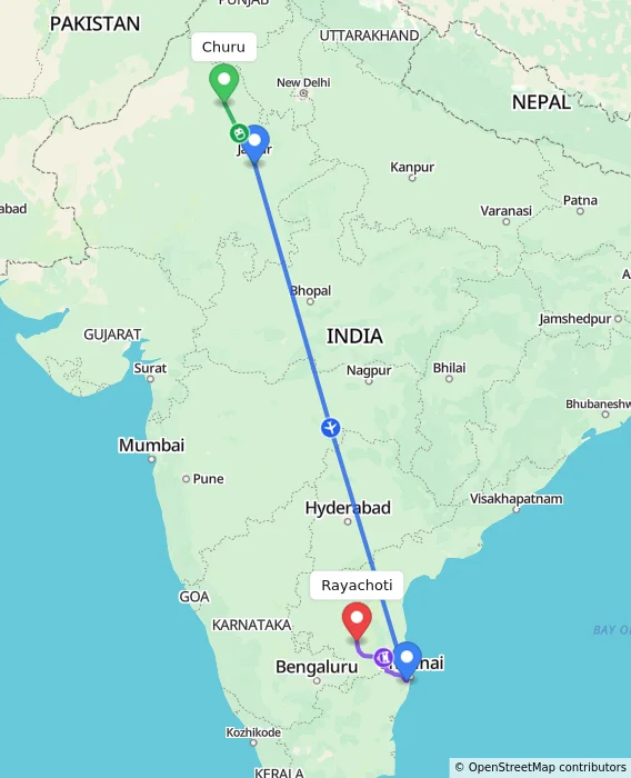 Route map showing distance and travel time from Churu, India to Rayachoti, India