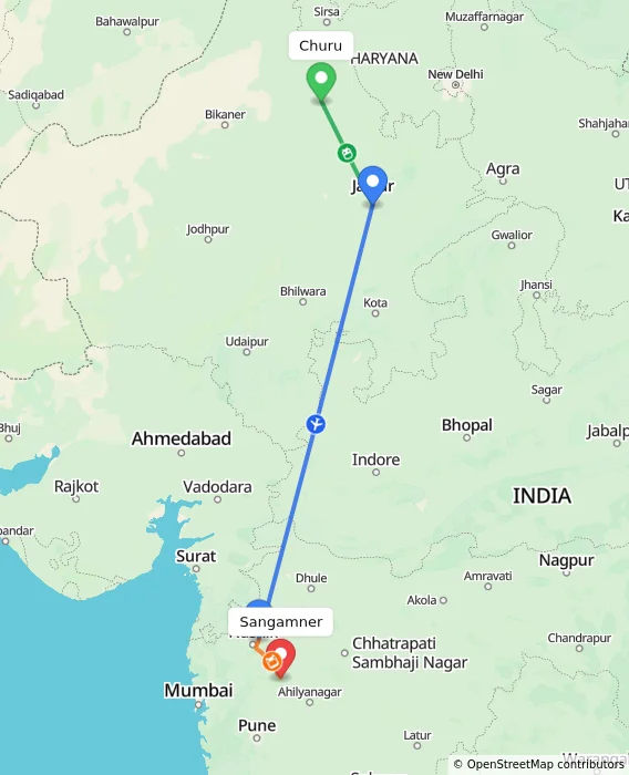 Route map showing distance and travel time from Churu, India to Sangamner, India