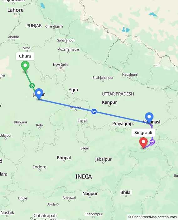 Route map showing distance and travel time from Churu, India to Singrauli, India