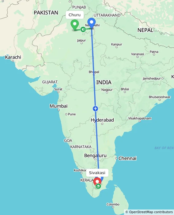 Route map showing distance and travel time from Churu, India to Sivakasi, India