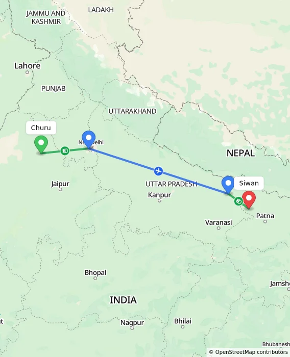 Route map showing distance and travel time from Churu, India to Siwan, India