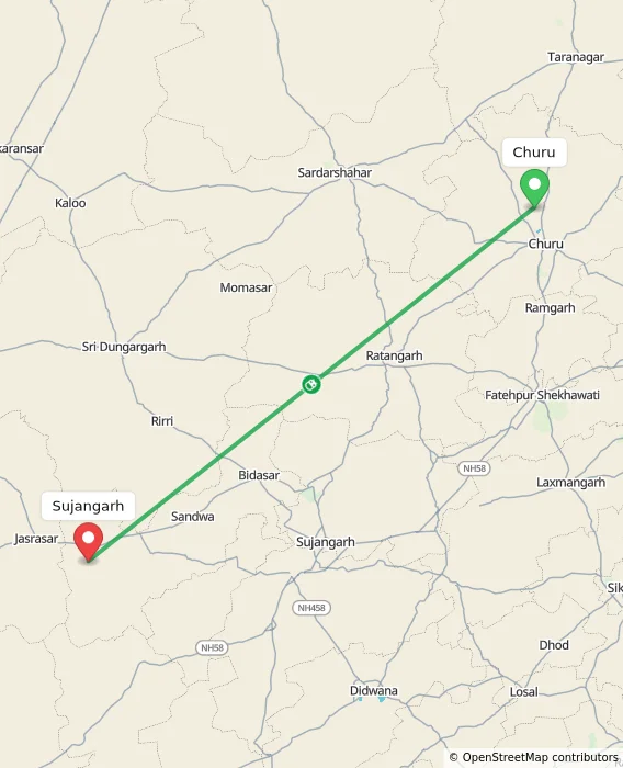 Route map showing distance and travel time from Churu, India to Sujangarh, India