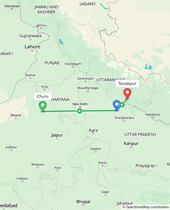 Route map showing distance and travel time from Churu, India to Tanakpur, India