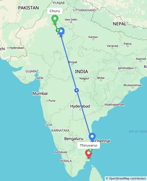 Route map showing distance and travel time from Churu, India to Thiruvarur, India