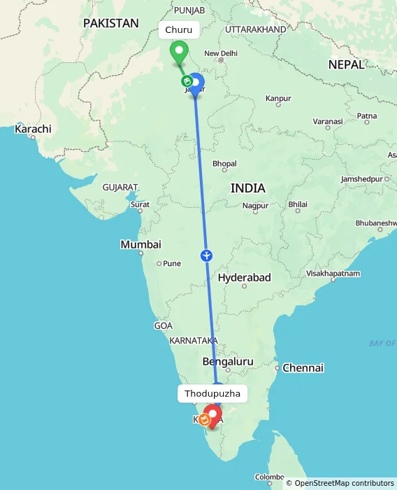 Route map showing distance and travel time from Churu, India to Thodupuzha, India
