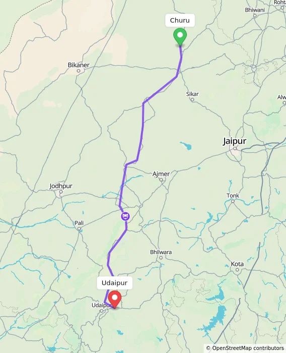 Route map showing distance and travel time from Churu, India to Udaipur, India