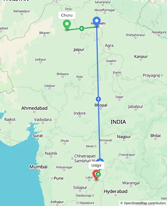Route map showing distance and travel time from Churu, India to Udgir, India