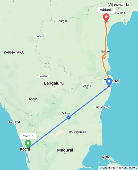 Route map showing distance and travel time from Cochin, India to Addanki, India